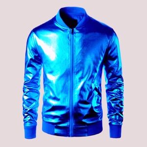 Men's Shiny Metallic Blue Bomber Jacket - Med